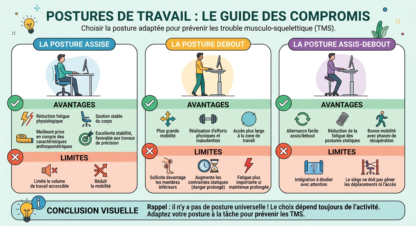 Comparatif visuel des postures assise, debout et assis-debout au travail