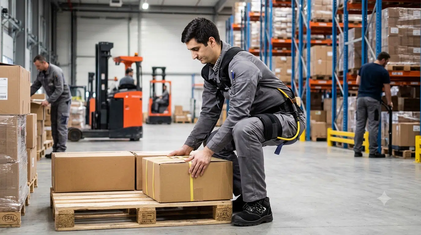 Collaborateur équipé d'un exosquelette lombaire lors d'une tâche de manutention en entreprise
